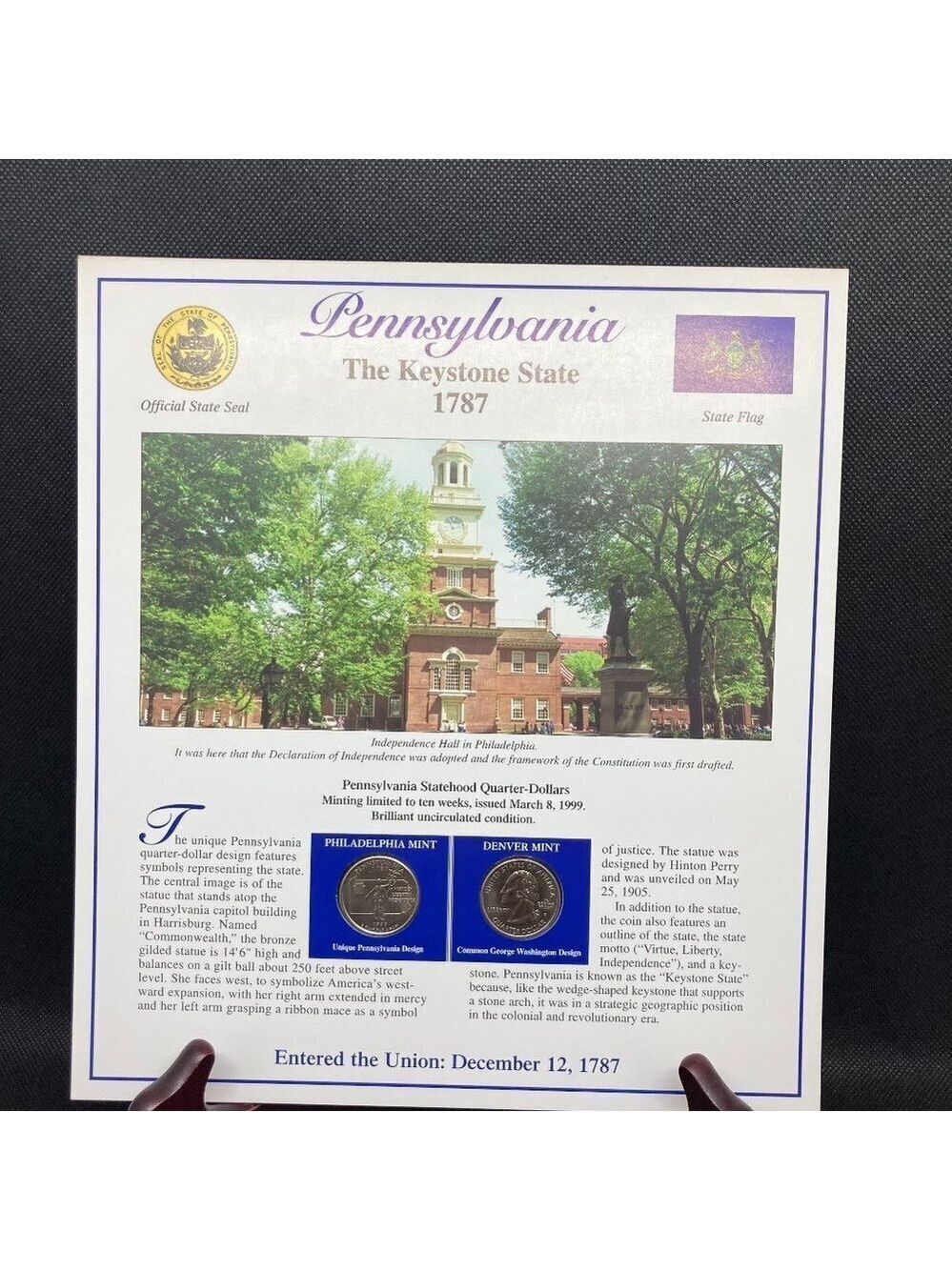 Uncirculated Pennsylvania State quarters and stamp set
